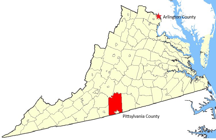 Map of Virginia highlighting Arlington and Pittsylvania counties.